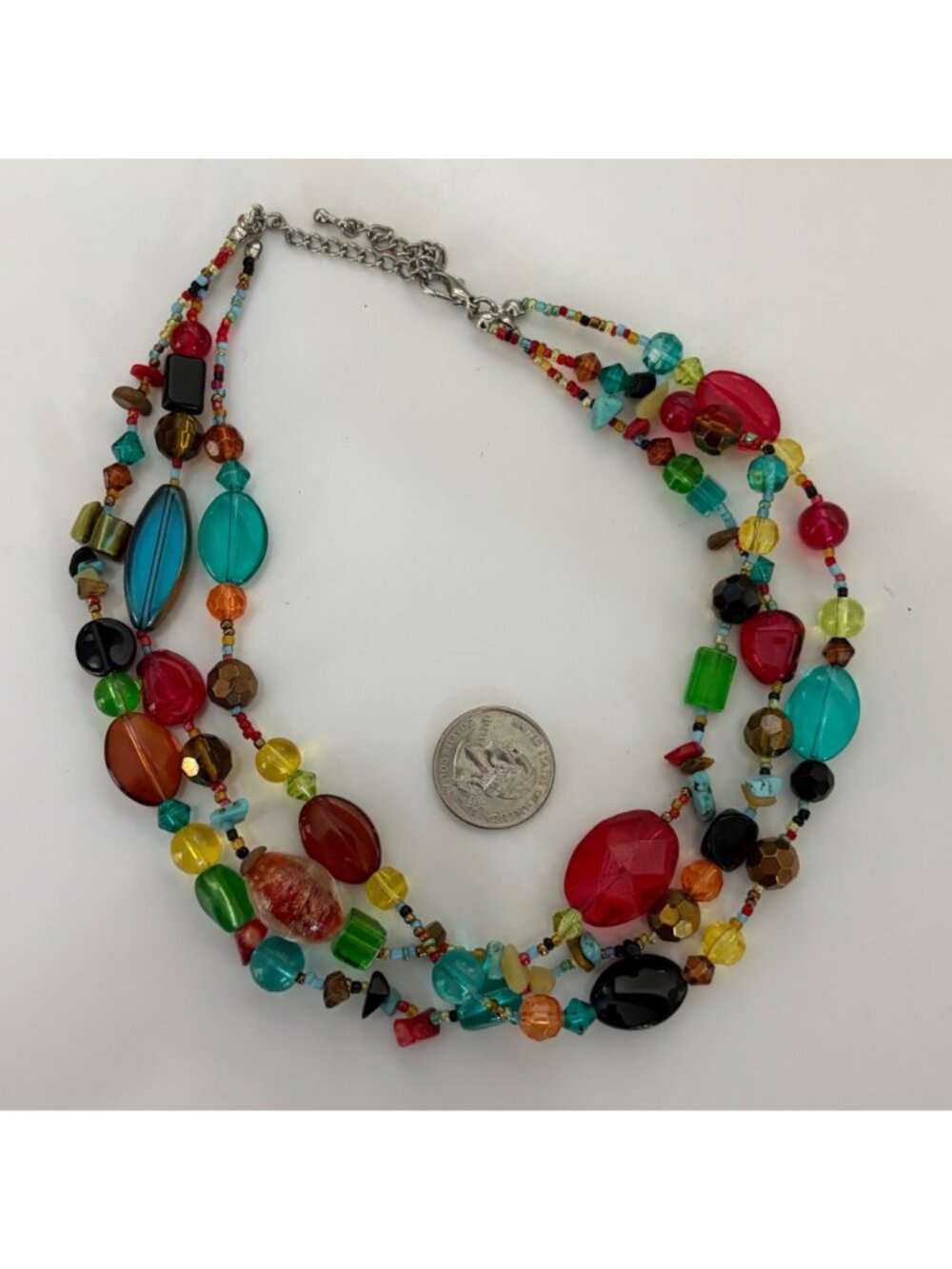 Colorful Multistrand Glass Beaded Gemstone Necklace Silvertone Statement - Picture 3 of 9